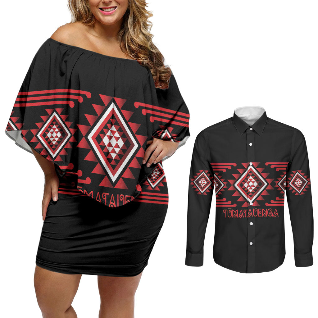 Aotearoa Atua Tumatauenga Personalised Couples Matching Off Shoulder Short Dress and Long Sleeve Button Shirt Maori God Of War Taniko Motifs LT14 Red - Polynesian Pride