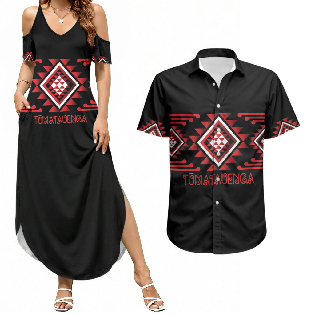 Aotearoa Atua Tumatauenga Personalised Couples Matching Summer Maxi Dress and Hawaiian Shirt Maori God Of War Taniko Motifs LT14 Red - Polynesian Pride