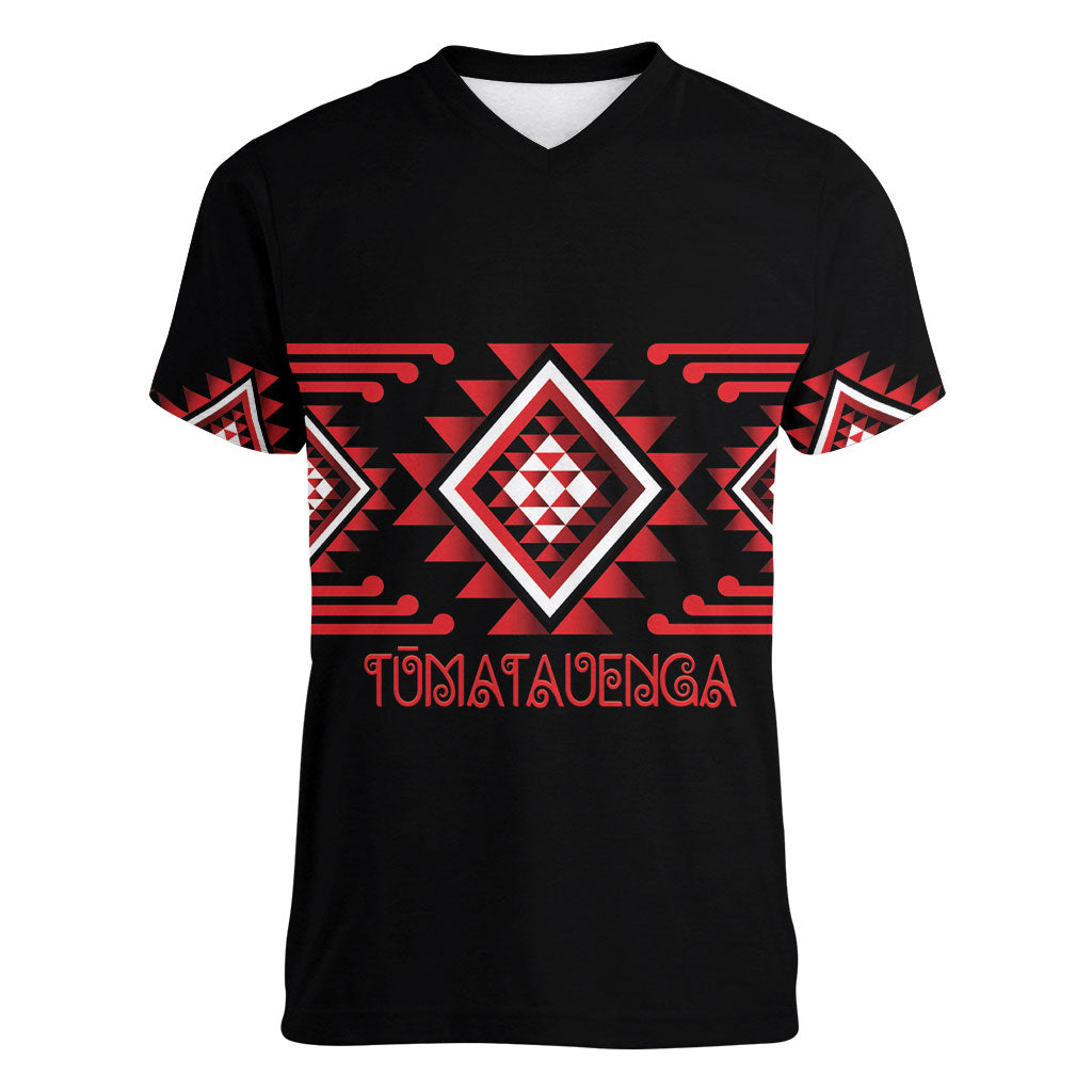 Aotearoa Atua Tumatauenga Personalised Women V-Neck T-Shirt Maori God Of War Taniko Motifs LT14 Female Red - Polynesian Pride