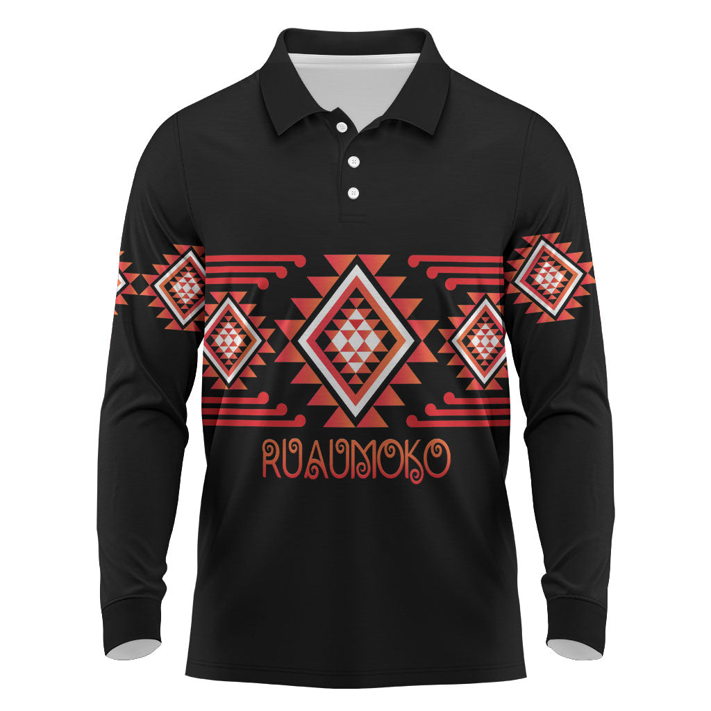 Aotearoa Atua Ruaumoko Personalised Long Sleeve Polo Shirt Maori Powerful God Taniko Motifs LT14 Orange - Polynesian Pride