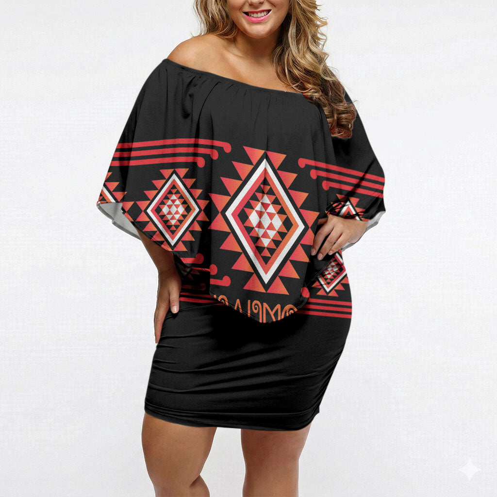 Aotearoa Atua Ruaumoko Personalised Off Shoulder Short Dress Maori Powerful God Taniko Motifs LT14 Women Orange - Polynesian Pride