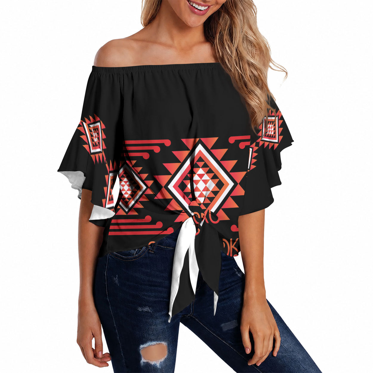 Aotearoa Atua Ruaumoko Personalised Off Shoulder Wrap Waist Top Maori Powerful God Taniko Motifs