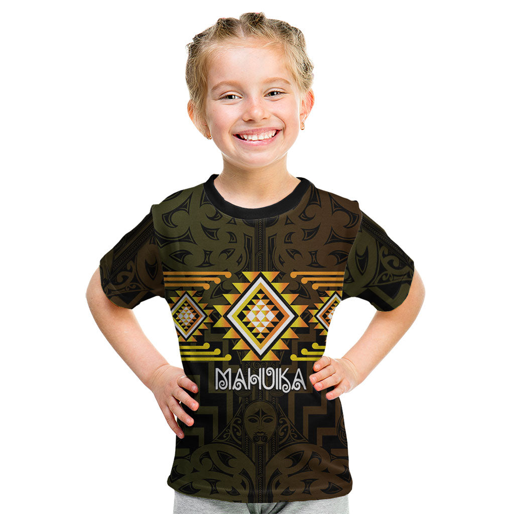 Aotearoa Atua Mahuika Personalised Kid T Shirt Maori Goddess Of Fire Taniko Motifs LT14 Yellow - Polynesian Pride