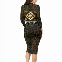 Aotearoa Atua Mahuika Personalised Long Sleeve Bodycon Dress Maori Goddess Of Fire Taniko Motifs LT14 - Polynesian Pride