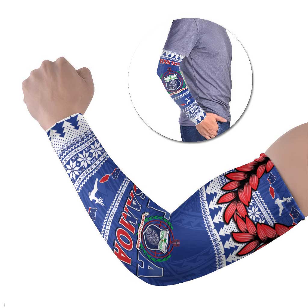 Personalised Toa Samoa Rugby Christmas Arm Sleeves Ula Fala Samoan Pattern Blue - Polynesian Pride