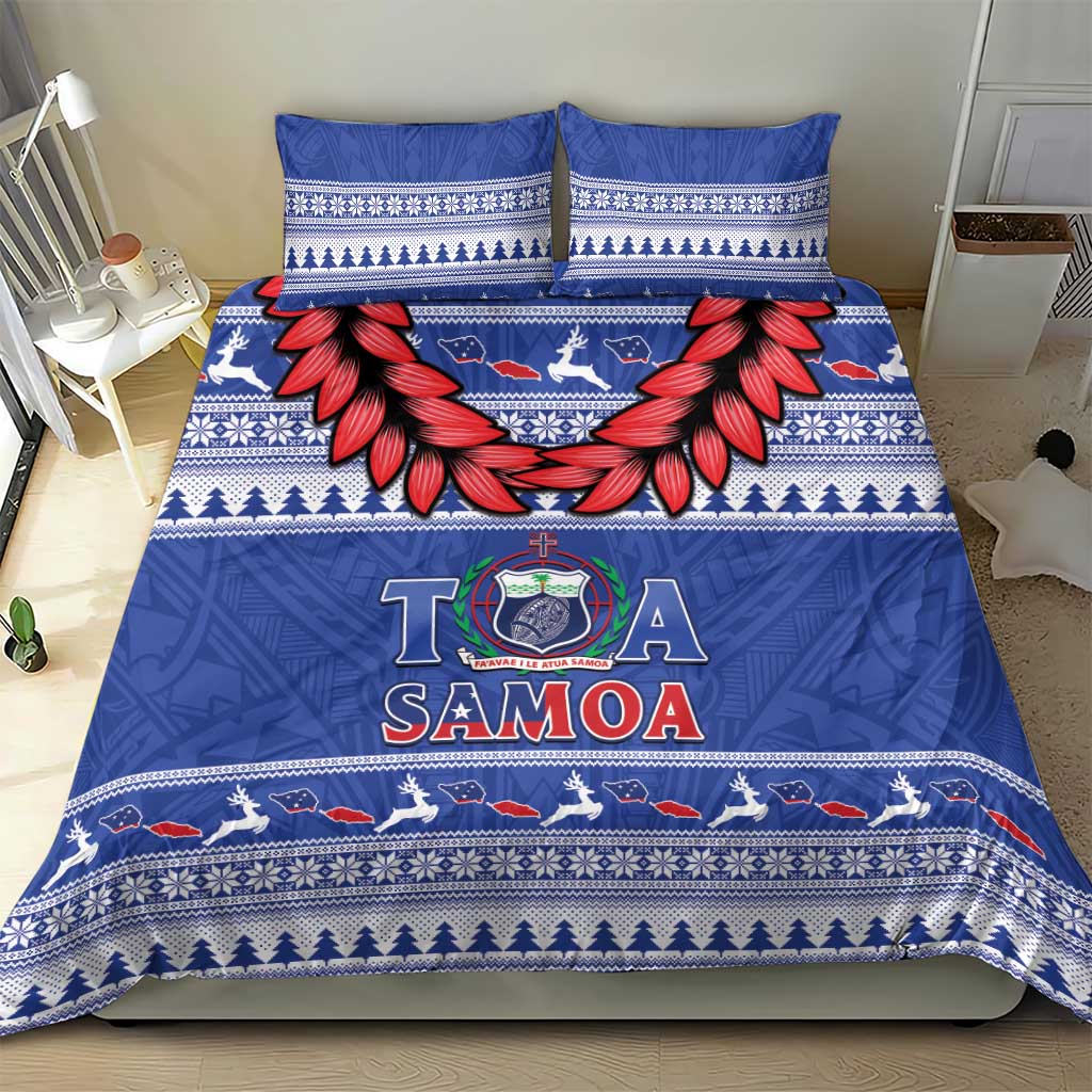 Toa Samoa Rugby Christmas Bedding Set Ula Fala Samoan Pattern Blue - Polynesian Pride