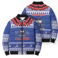 Personalised Toa Samoa Rugby Christmas Bomber Puffer Jacket Ula Fala Samoan Pattern Blue - Polynesian Pride