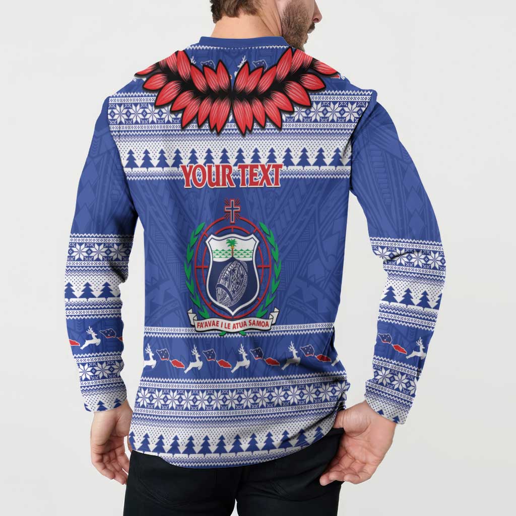 Personalised Toa Samoa Rugby Christmas Button Sweatshirt Ula Fala Samoan Pattern Blue - undefined