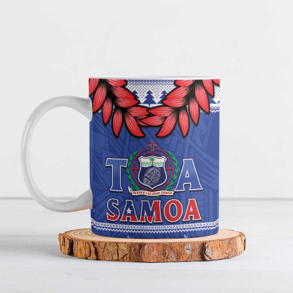 Toa Samoa Rugby Christmas Ceramic Mug Ula Fala Samoan Pattern Blue - Polynesian Pride