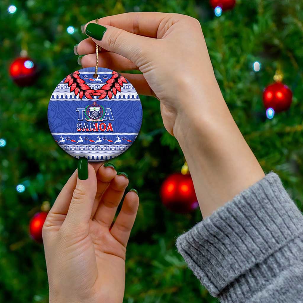 Toa Samoa Rugby Christmas Ceramic Ornament Ula Fala Samoan Pattern Blue - Polynesian Pride