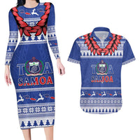 Personalised Toa Samoa Rugby Christmas Couples Matching Long Sleeve Bodycon Dress and Hawaiian Shirt Ula Fala Samoan Pattern Blue - Polynesian Pride