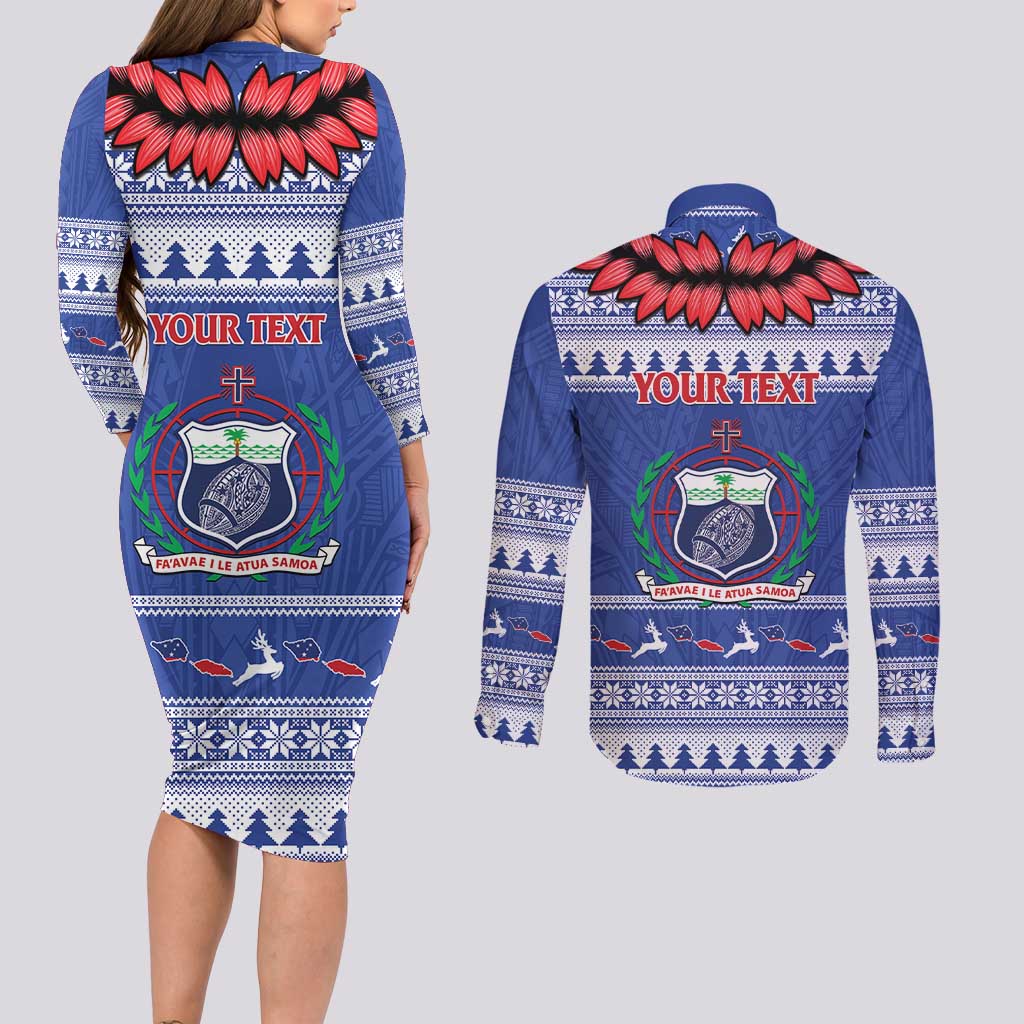 Personalised Toa Samoa Rugby Christmas Couples Matching Long Sleeve Bodycon Dress and Long Sleeve Button Shirt Ula Fala Samoan Pattern Blue - Polynesian Pride