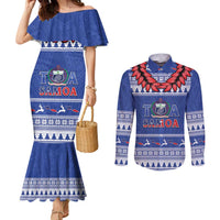 Personalised Toa Samoa Rugby Christmas Couples Matching Mermaid Dress and Long Sleeve Button Shirt Ula Fala Samoan Pattern Blue - Polynesian Pride