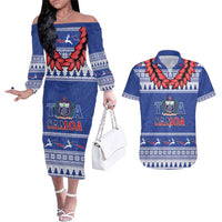 Personalised Toa Samoa Rugby Christmas Couples Matching Off The Shoulder Long Sleeve Dress and Hawaiian Shirt Ula Fala Samoan Pattern Blue - Polynesian Pride