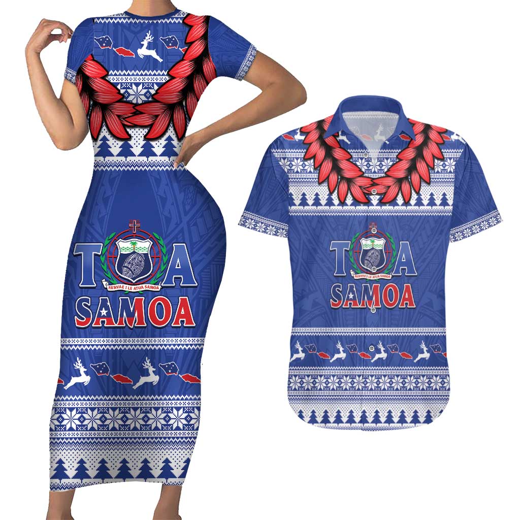 Personalised Toa Samoa Rugby Christmas Couples Matching Short Sleeve Bodycon Dress and Hawaiian Shirt Ula Fala Samoan Pattern Blue - Polynesian Pride