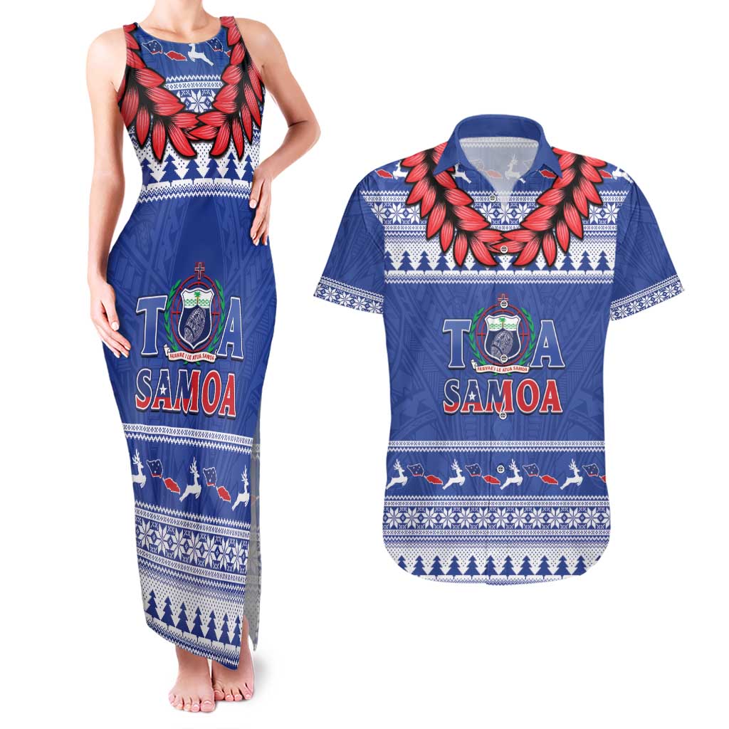 Personalised Toa Samoa Rugby Christmas Couples Matching Tank Maxi Dress and Hawaiian Shirt Ula Fala Samoan Pattern Blue - Polynesian Pride