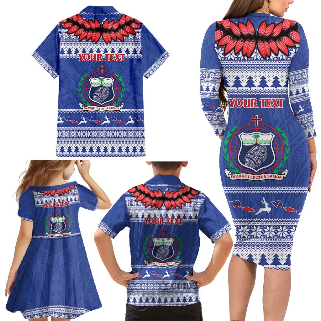 Personalised Toa Samoa Rugby Christmas Family Matching Long Sleeve Bodycon Dress and Hawaiian Shirt Ula Fala Samoan Pattern Blue - Polynesian Pride