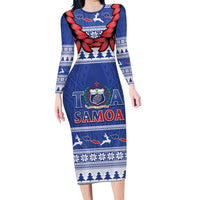 Personalised Toa Samoa Rugby Christmas Family Matching Long Sleeve Bodycon Dress and Hawaiian Shirt Ula Fala Samoan Pattern Blue - Polynesian Pride