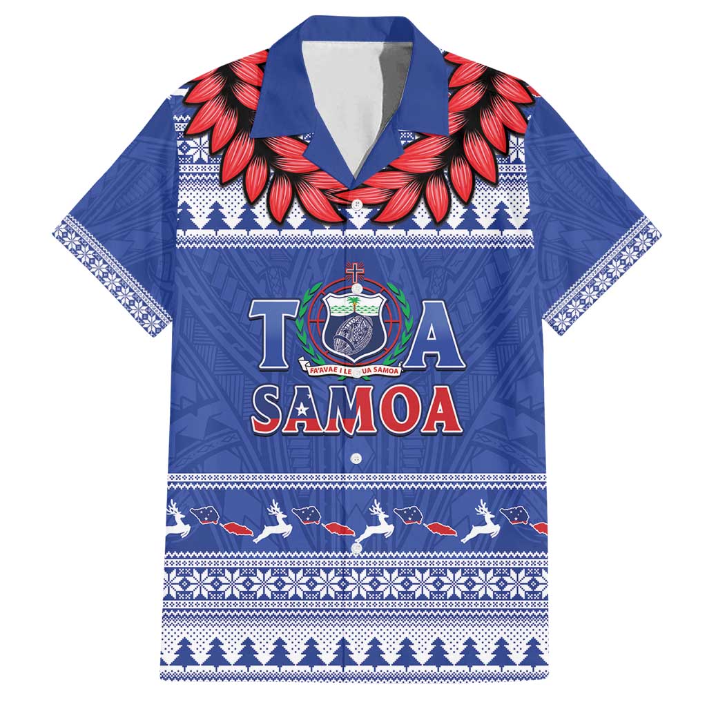 Personalised Toa Samoa Rugby Christmas Family Matching Off Shoulder Maxi Dress and Hawaiian Shirt Ula Fala Samoan Pattern Blue - Polynesian Pride