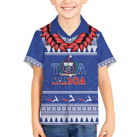 Personalised Toa Samoa Rugby Christmas Family Matching Off Shoulder Short Dress and Hawaiian Shirt Ula Fala Samoan Pattern Blue - Polynesian Pride
