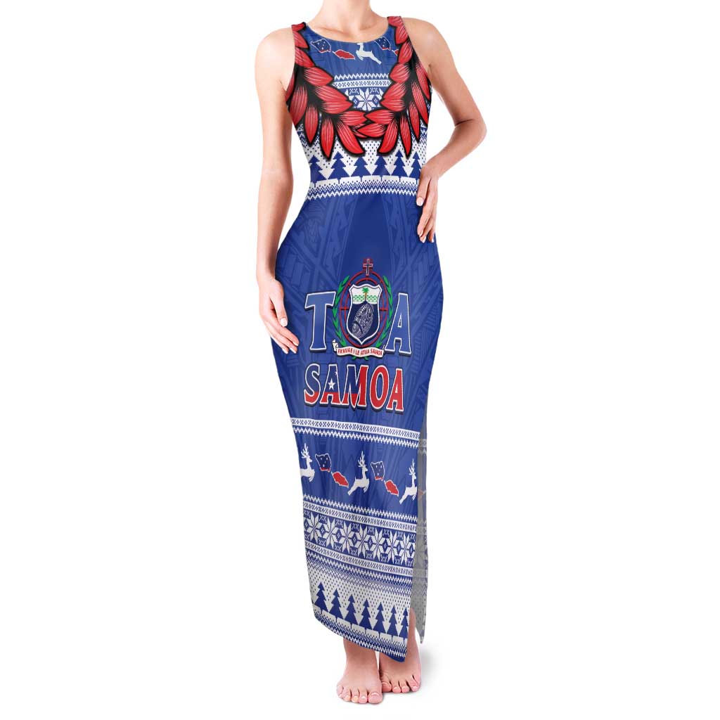 Personalised Toa Samoa Rugby Christmas Family Matching Tank Maxi Dress and Hawaiian Shirt Ula Fala Samoan Pattern Blue - Polynesian Pride