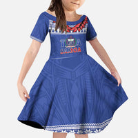 Personalised Toa Samoa Rugby Christmas Kid Short Sleeve Dress Ula Fala Samoan Pattern Blue - Polynesian Pride