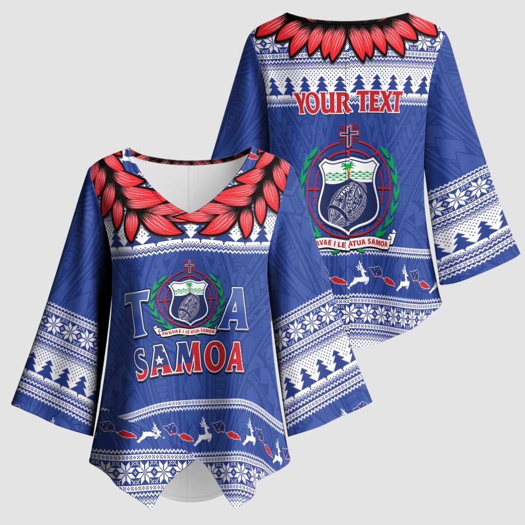 Personalised Toa Samoa Rugby Christmas Kimono Sleeve Blouse Ula Fala Samoan Pattern Blue - Polynesian Pride