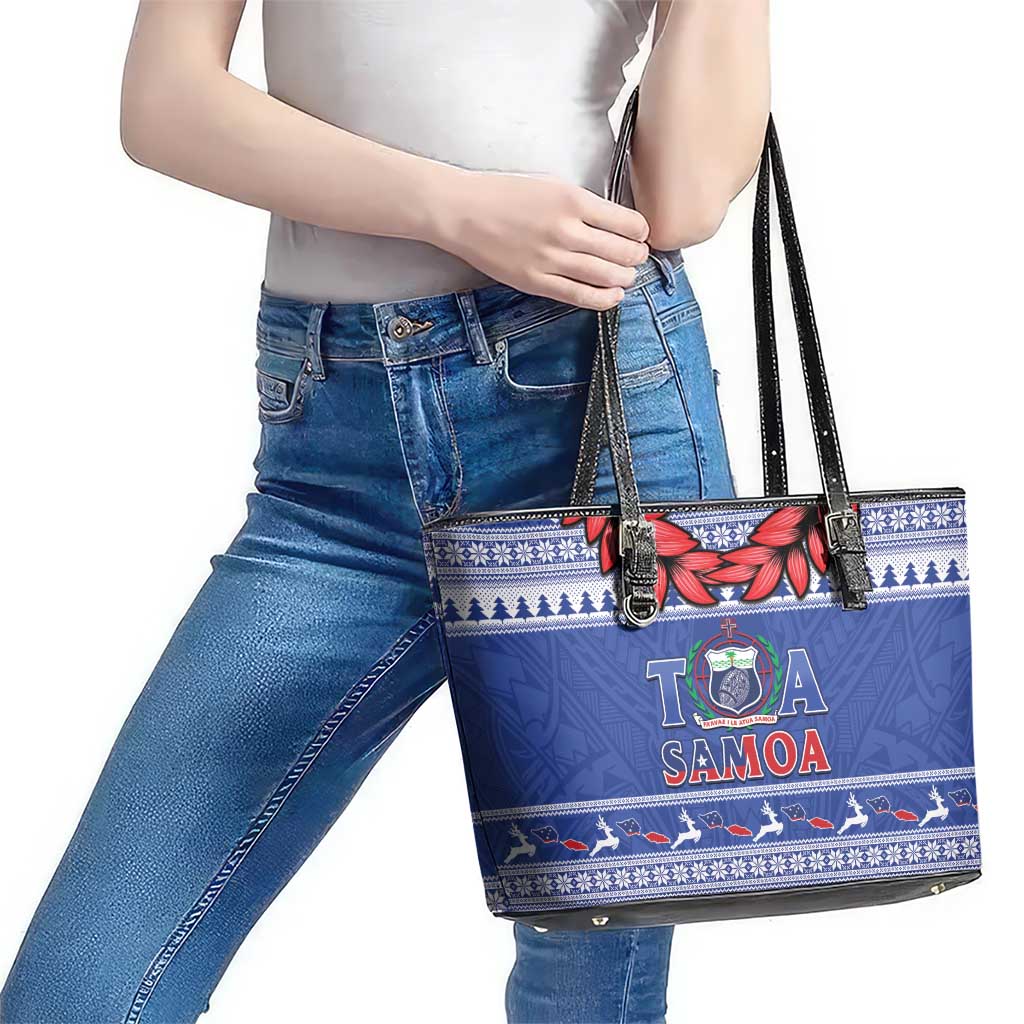 Toa Samoa Rugby Christmas Leather Tote Bag Ula Fala Samoan Pattern Blue - Polynesian Pride
