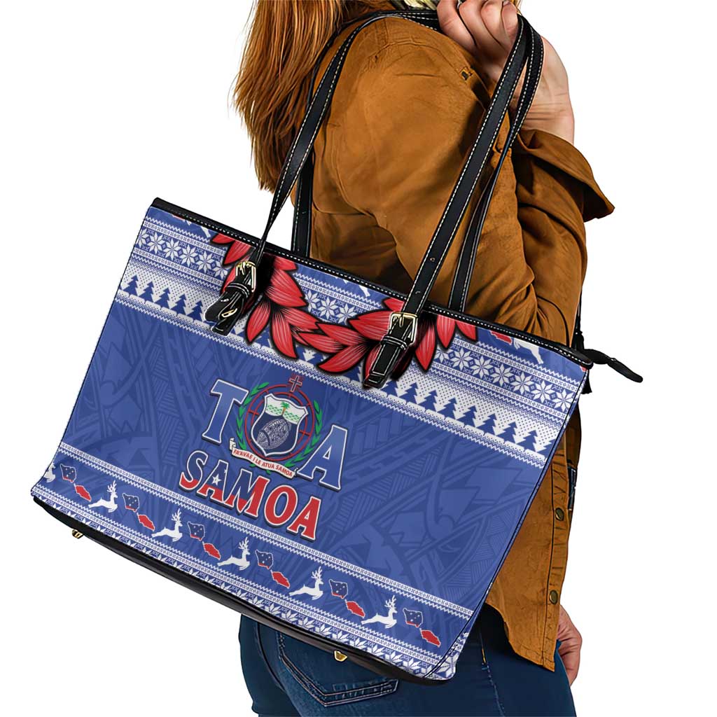 Toa Samoa Rugby Christmas Leather Tote Bag Ula Fala Samoan Pattern Blue - Polynesian Pride