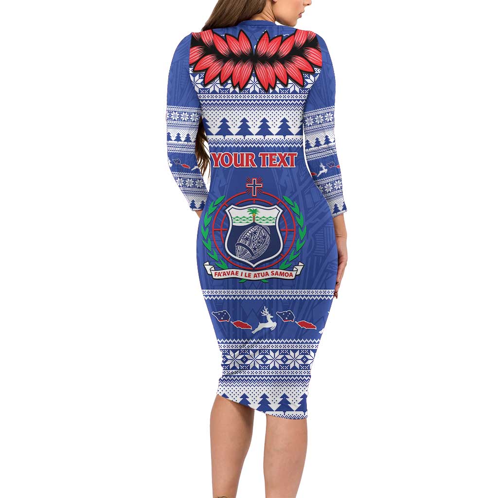 Personalised Toa Samoa Rugby Christmas Long Sleeve Bodycon Dress Ula Fala Samoan Pattern Blue - Polynesian Pride