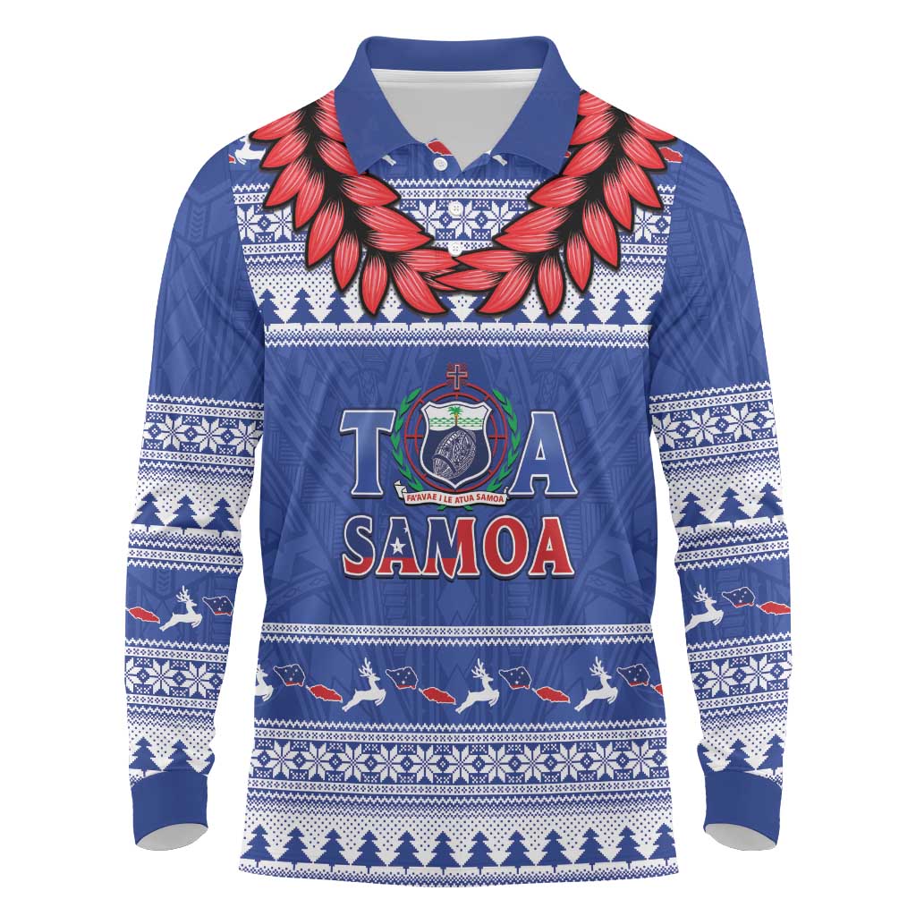 Personalised Toa Samoa Rugby Christmas Long Sleeve Polo Shirt Ula Fala Samoan Pattern Blue - Polynesian Pride
