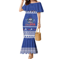 Personalised Toa Samoa Rugby Christmas Mermaid Dress Ula Fala Samoan Pattern Blue - Polynesian Pride