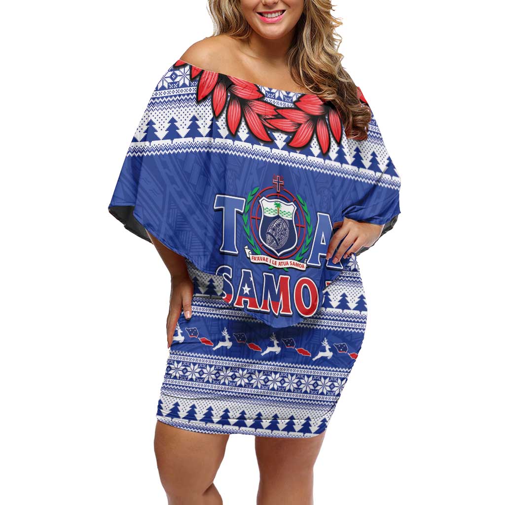 Personalised Toa Samoa Rugby Christmas Off Shoulder Short Dress Ula Fala Samoan Pattern Blue - Polynesian Pride