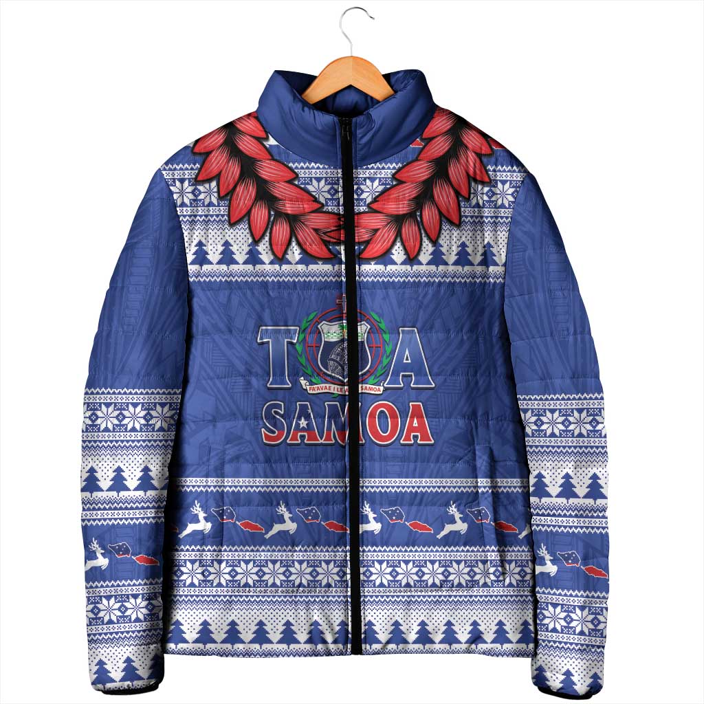 Personalised Toa Samoa Rugby Christmas Padded Jacket Ula Fala Samoan Pattern Blue - Polynesian Pride