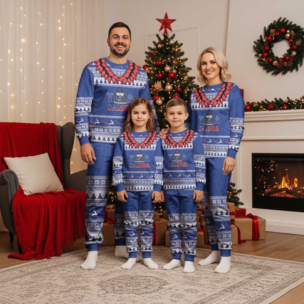 Personalised Toa Samoa Rugby Christmas Pajama Set Ula Fala Samoan Pattern Blue - Polynesian Pride