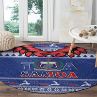 Toa Samoa Rugby Christmas Round Carpet Ula Fala Samoan Pattern Blue - Polynesian Pride