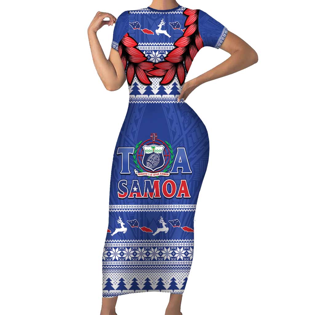 Personalised Toa Samoa Rugby Christmas Short Sleeve Bodycon Dress Ula Fala Samoan Pattern Blue - Polynesian Pride