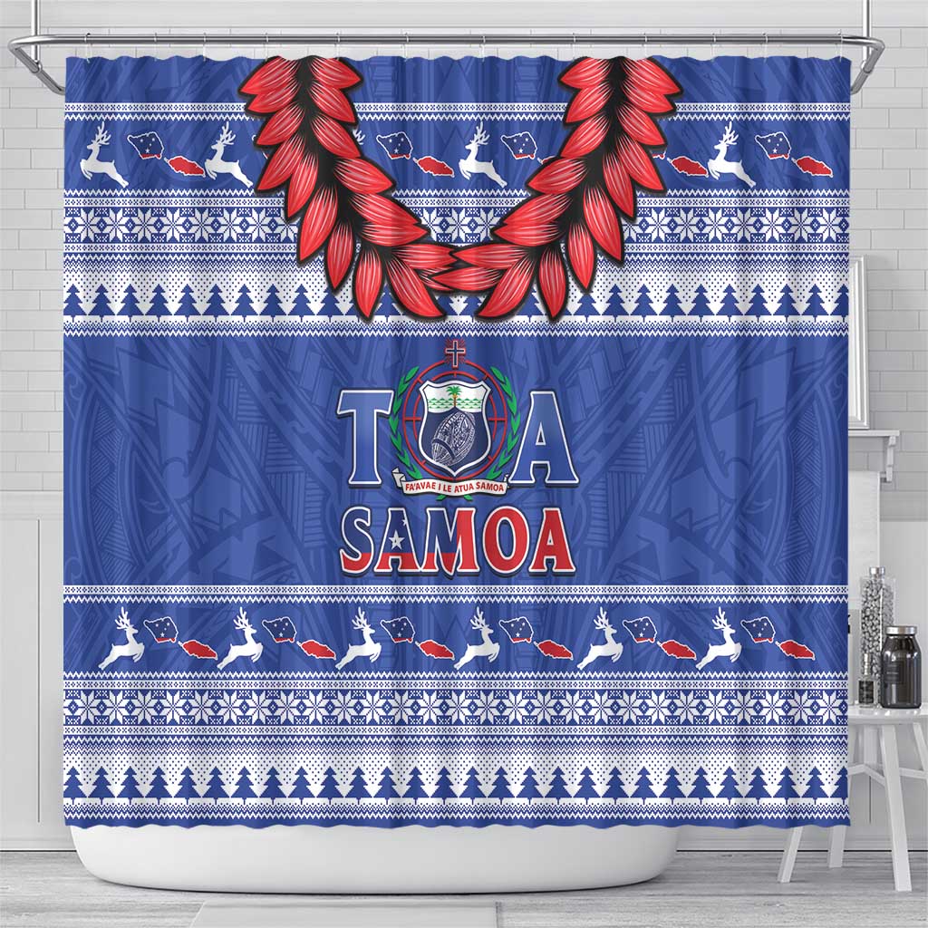 Toa Samoa Rugby Christmas Shower Curtain Ula Fala Samoan Pattern Blue - Polynesian Pride
