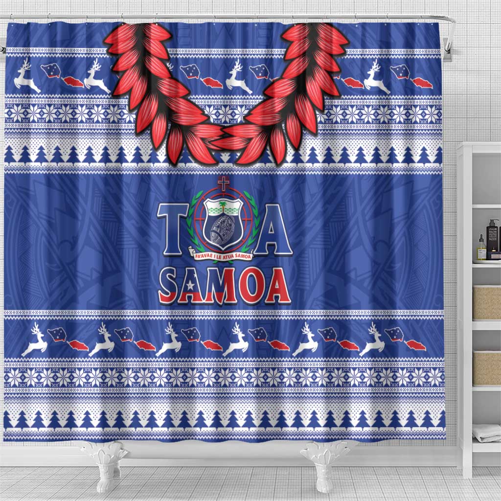 Toa Samoa Rugby Christmas Shower Curtain Ula Fala Samoan Pattern Blue - Polynesian Pride