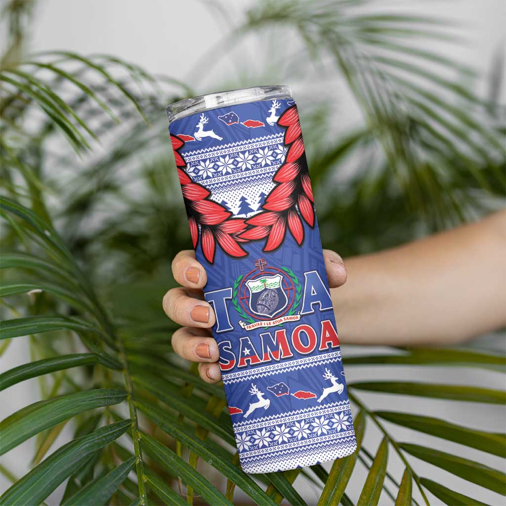Toa Samoa Rugby Christmas Skinny Tumbler Ula Fala Samoan Pattern Blue - Polynesian Pride