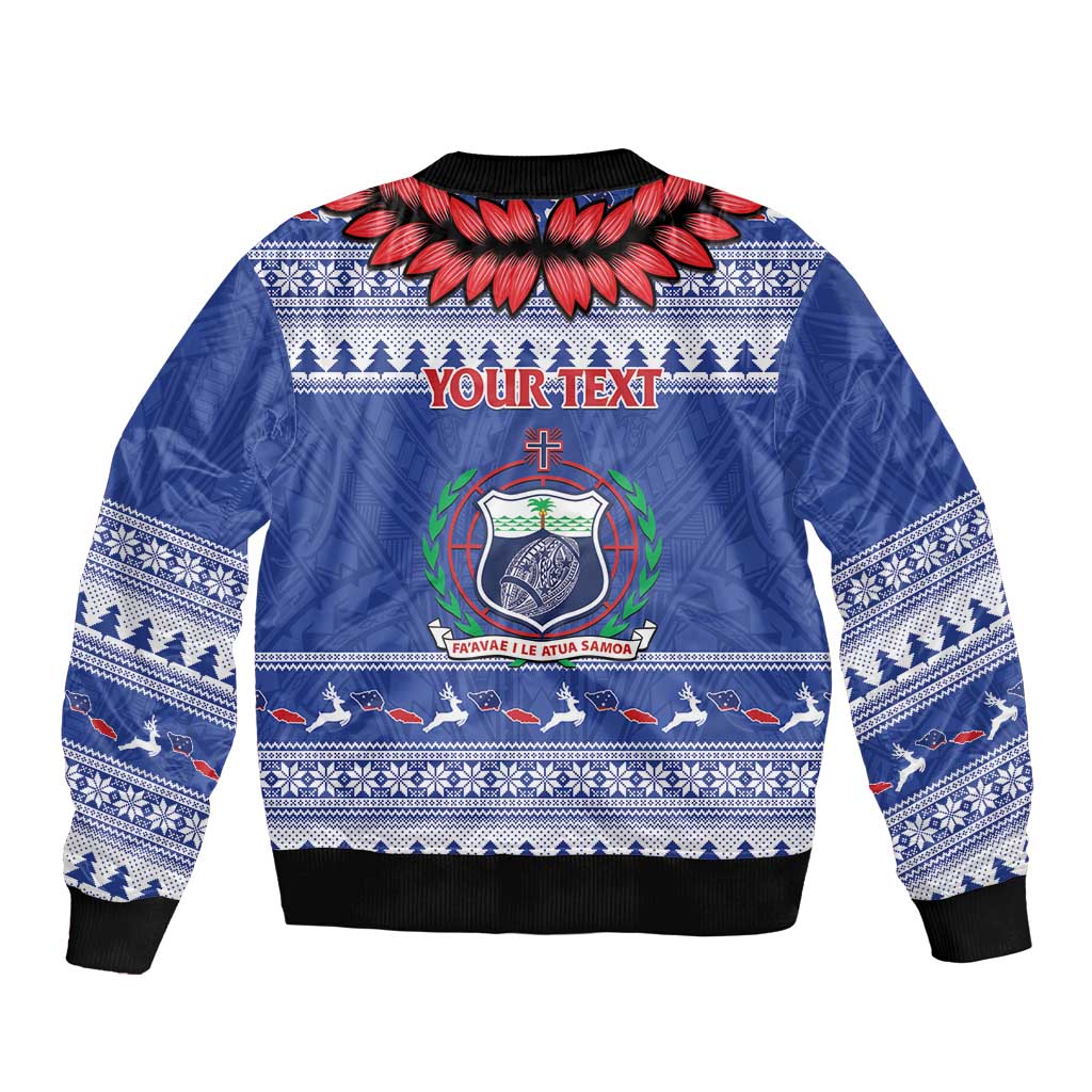 Personalised Toa Samoa Rugby Christmas Sleeve Zip Bomber Jacket Ula Fala Samoan Pattern Blue - Polynesian Pride