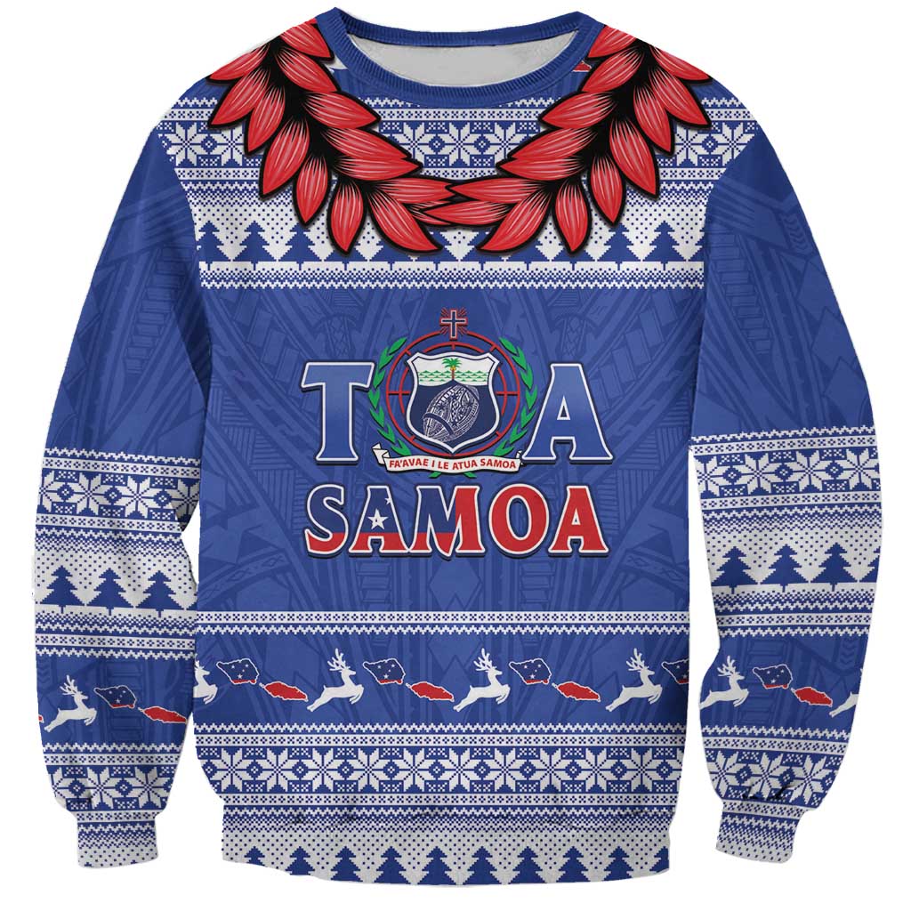 Personalised Toa Samoa Rugby Christmas Sweatshirt Ula Fala Samoan Pattern Blue - Polynesian Pride