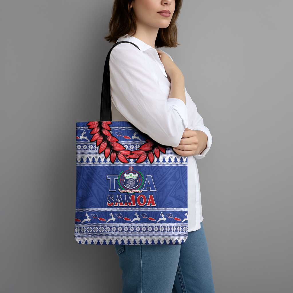 Toa Samoa Rugby Christmas Tote Bag Ula Fala Samoan Pattern Blue - Polynesian Pride