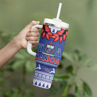 Toa Samoa Rugby Christmas Tumbler With Handle Ula Fala Samoan Pattern Blue - Polynesian Pride