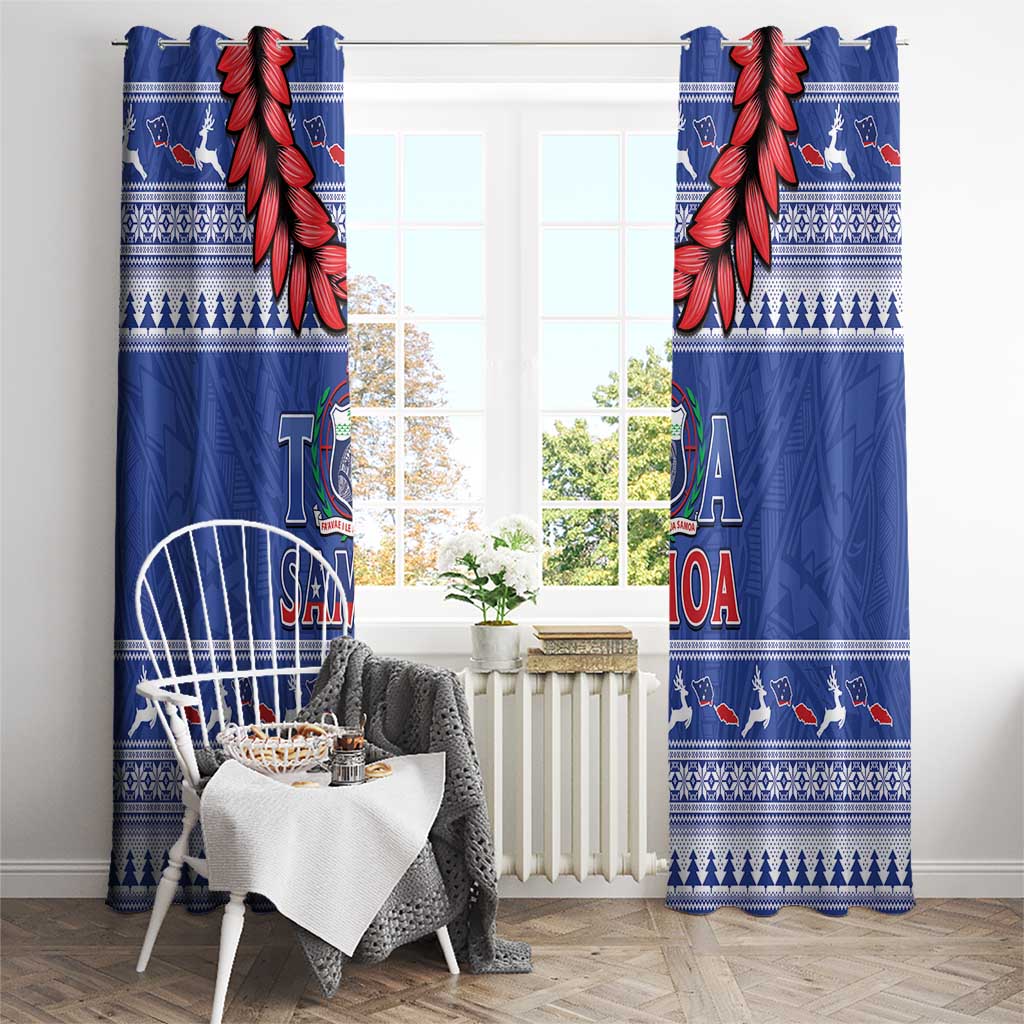 Toa Samoa Rugby Christmas Window Curtain Ula Fala Samoan Pattern Blue - Polynesian Pride