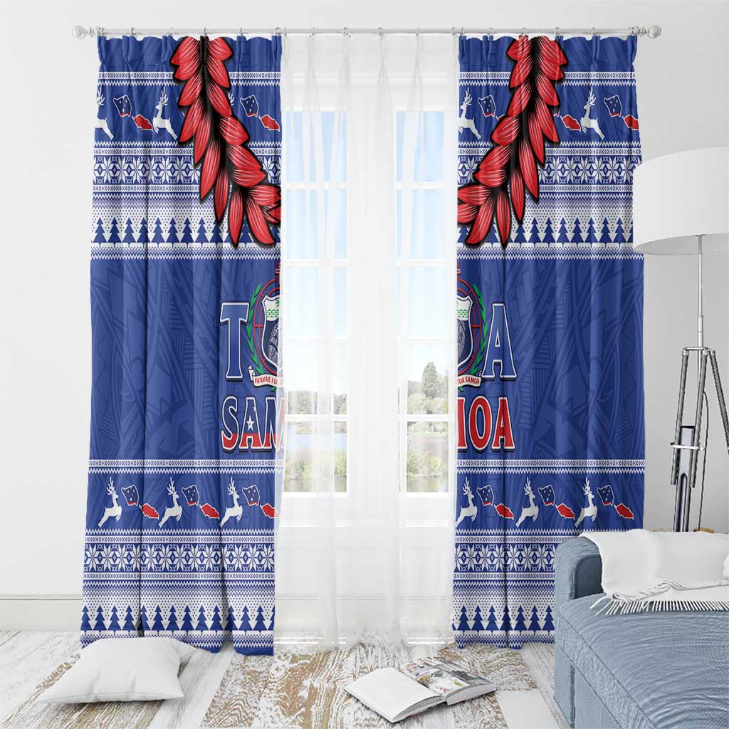 Toa Samoa Rugby Christmas Window Curtain Ula Fala Samoan Pattern Blue - Polynesian Pride