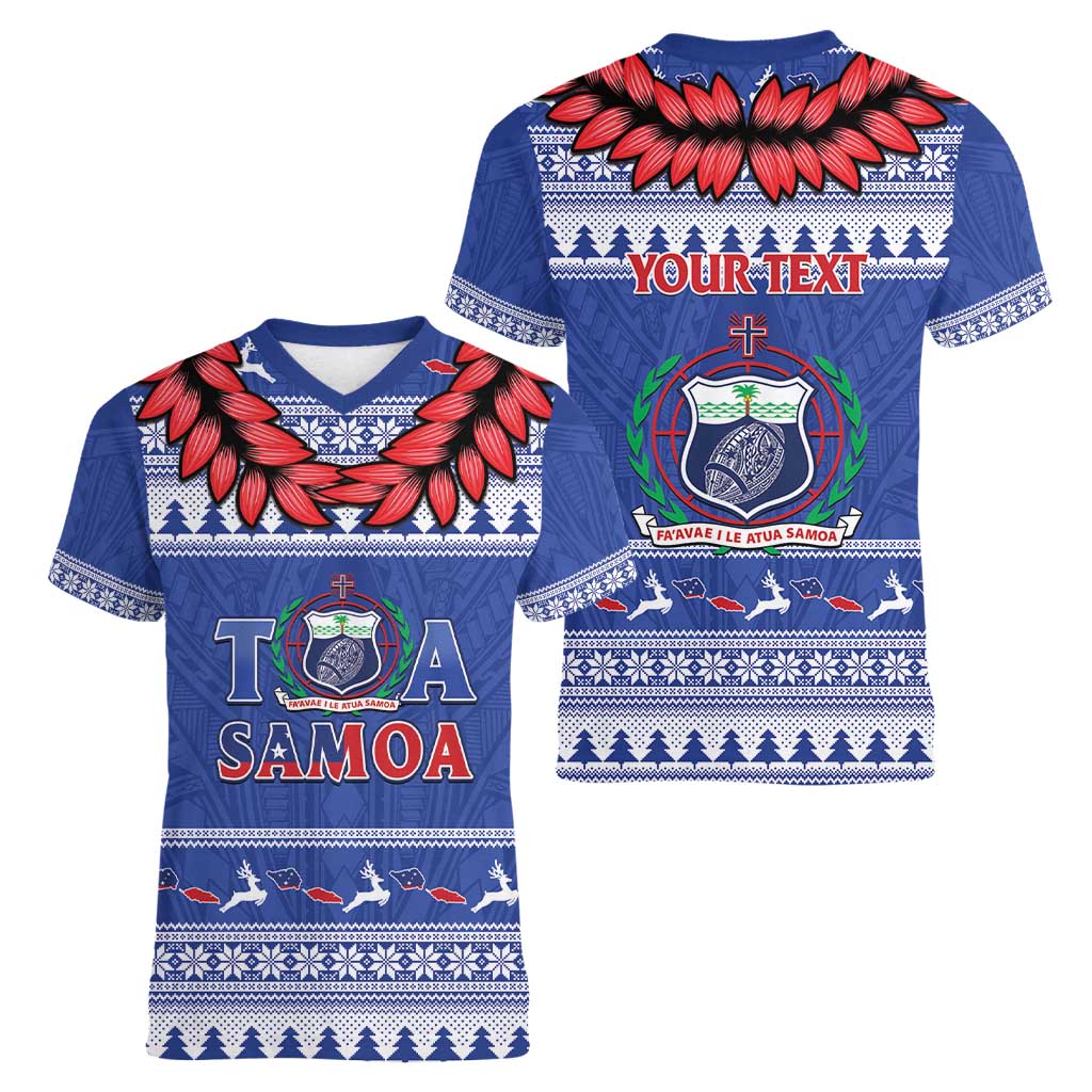 Personalised Toa Samoa Rugby Christmas Women V-Neck T-Shirt Ula Fala Samoan Pattern Blue - Polynesian Pride