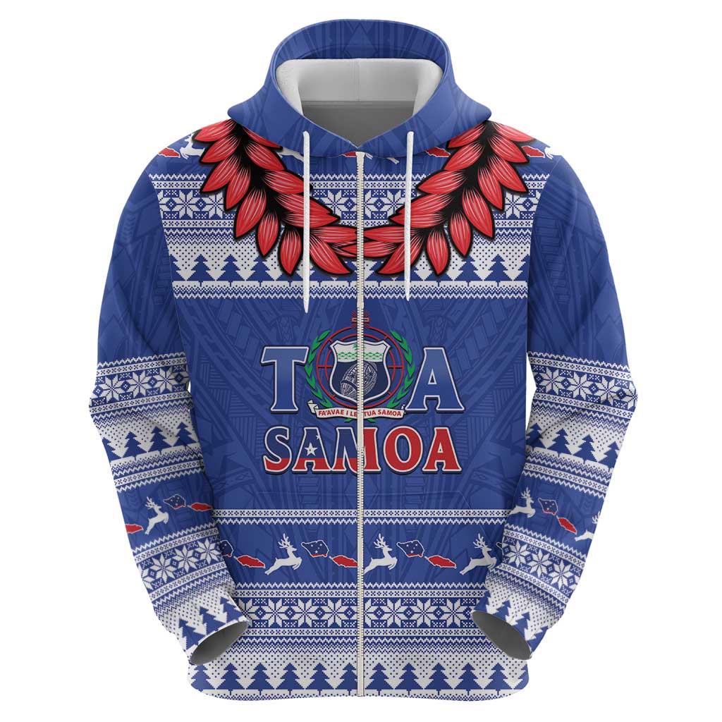 Personalised Toa Samoa Rugby Christmas Zip Hoodie Ula Fala Samoan Pattern Blue - Polynesian Pride