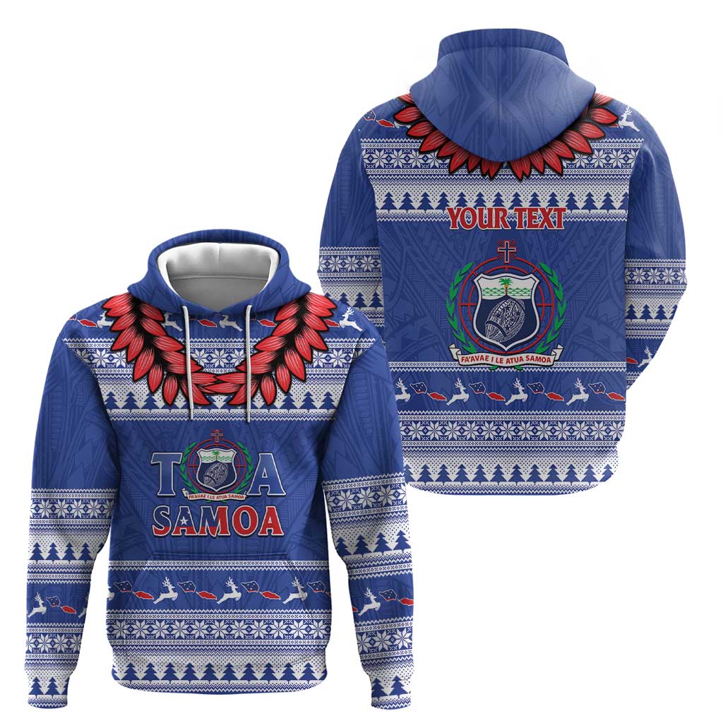 Personalised Toa Samoa Rugby Christmas Zip Hoodie Ula Fala Samoan Pattern Blue - Polynesian Pride