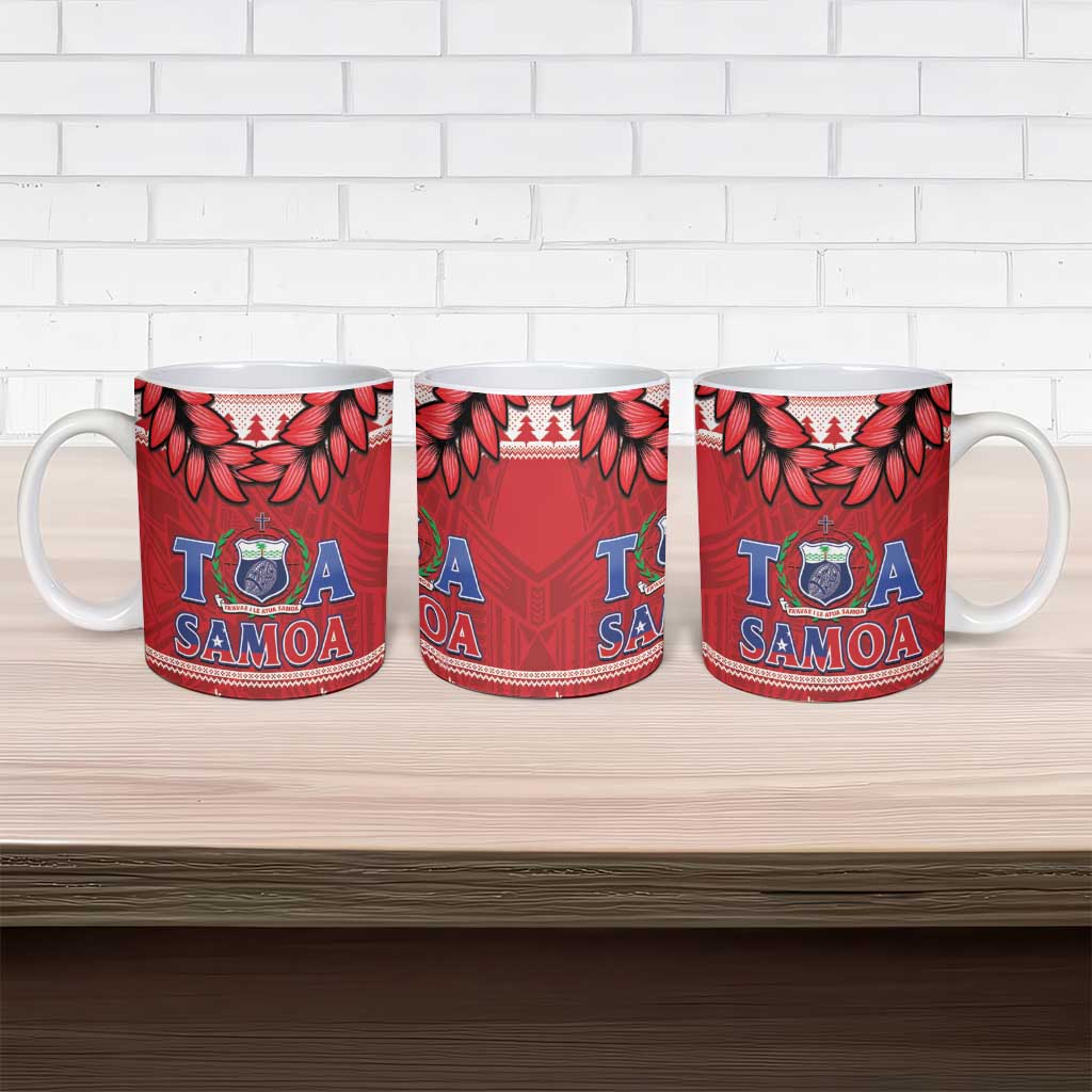 Toa Samoa Rugby Christmas Ceramic Mug Ula Fala Samoan Pattern Red - Polynesian Pride